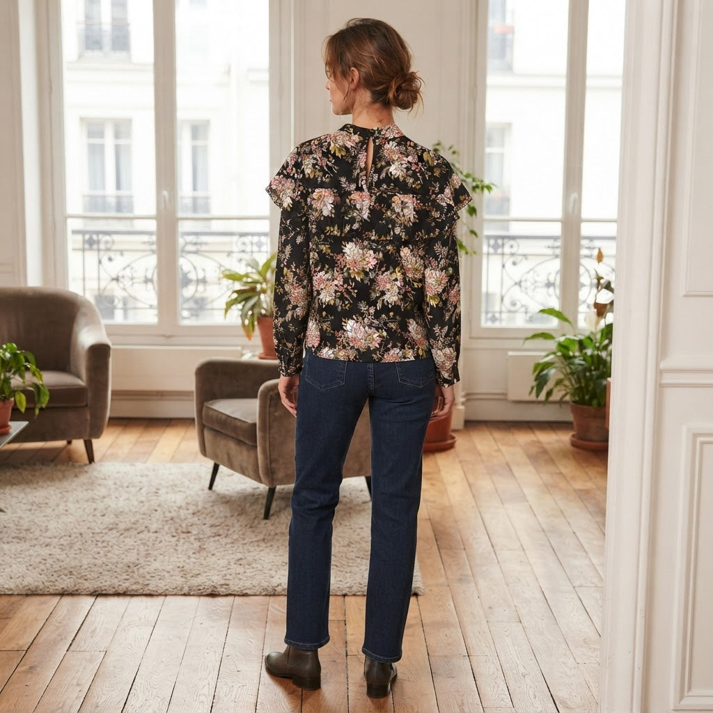 Women's Black Floral Ruffle High-Neck Blouse