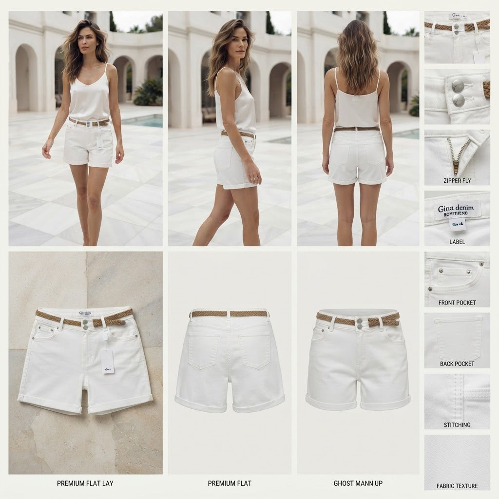 Gina White Boyfriend Denim Shorts with Braided Belt