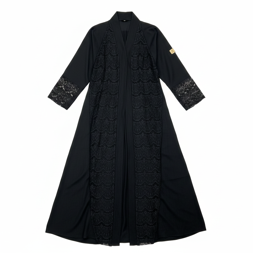 Haya Abaya Black Lace Trim Open Front Long Cardigan