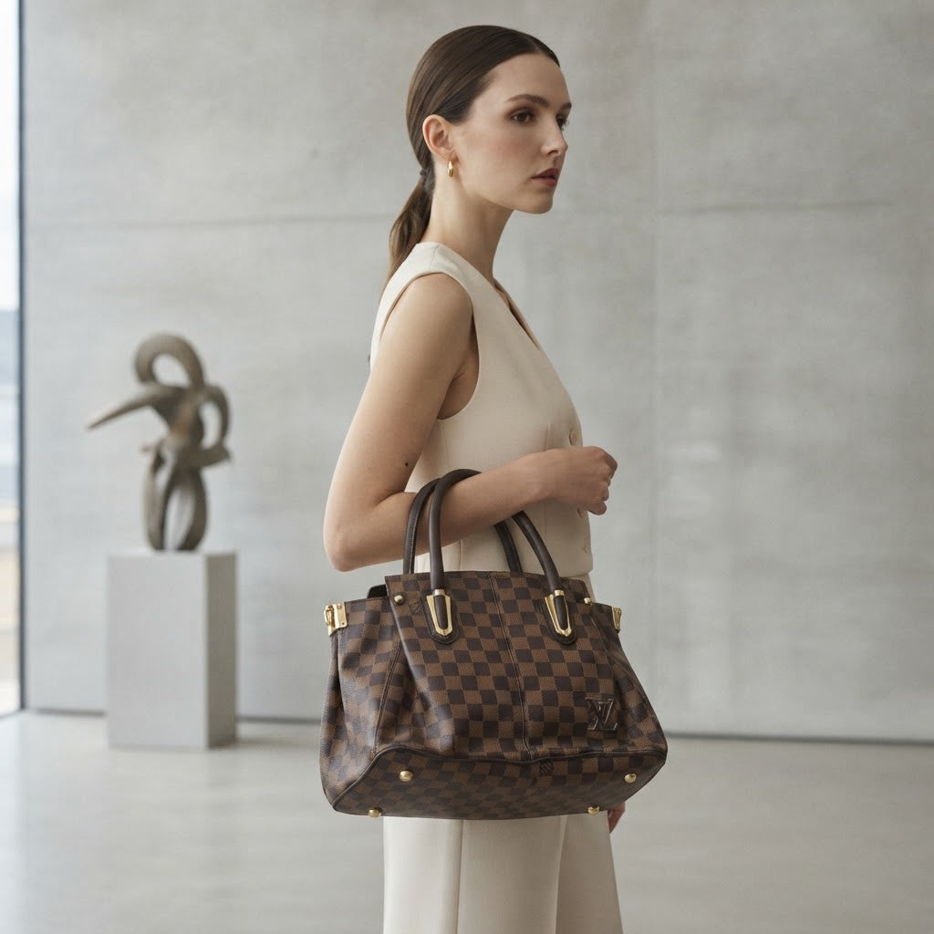 LOUIS VUITTON PARIS Brown Checkered Structured Top-Handle To