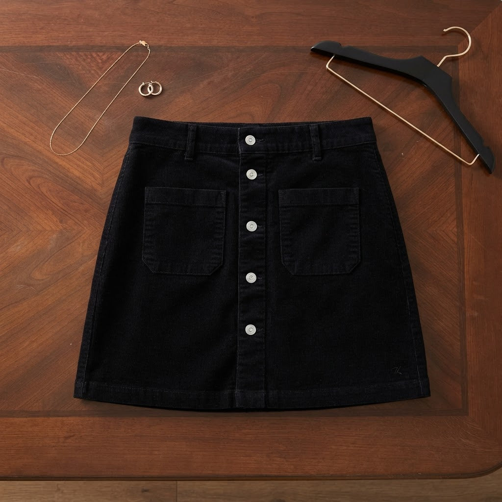 Black Button-Down Corduroy Mini Skirt with Patch Pockets
