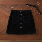 Black Button-Down Corduroy Mini Skirt with Patch Pockets