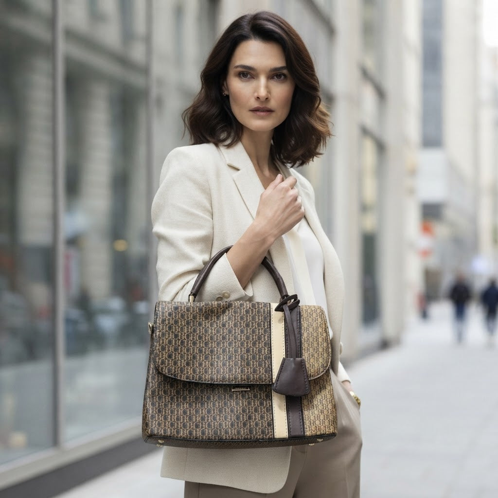 Chrisbella Monogram Top Handle Bag Brown