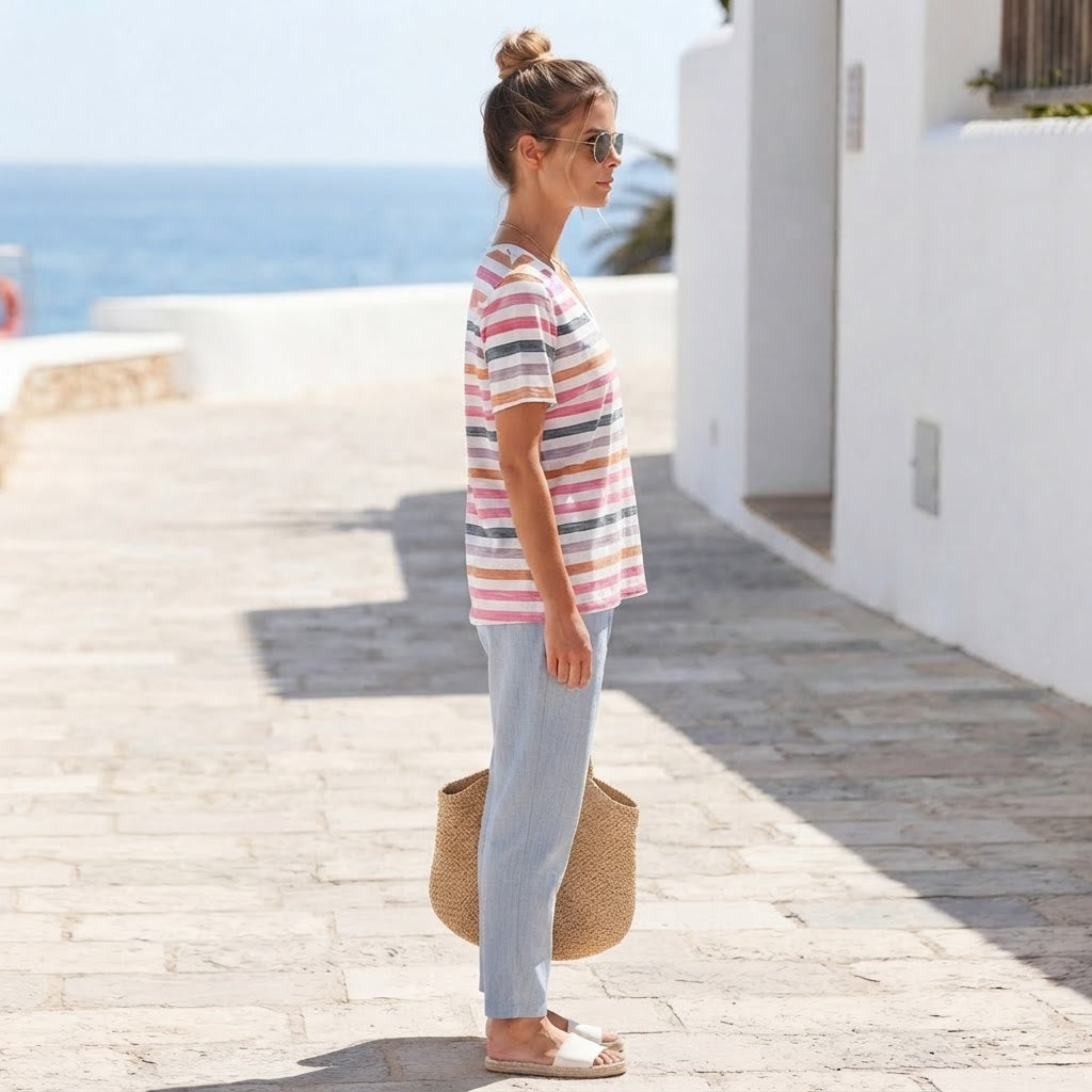 Emery Rose Emery Rose Multi-Stripe V-Neck Short Sleeve Relax