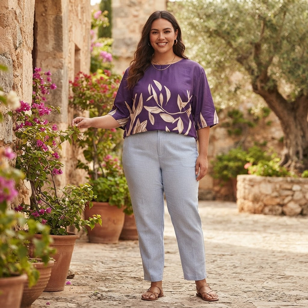 SHEIN Women's Purple Leaf Print Relaxed Fit Top