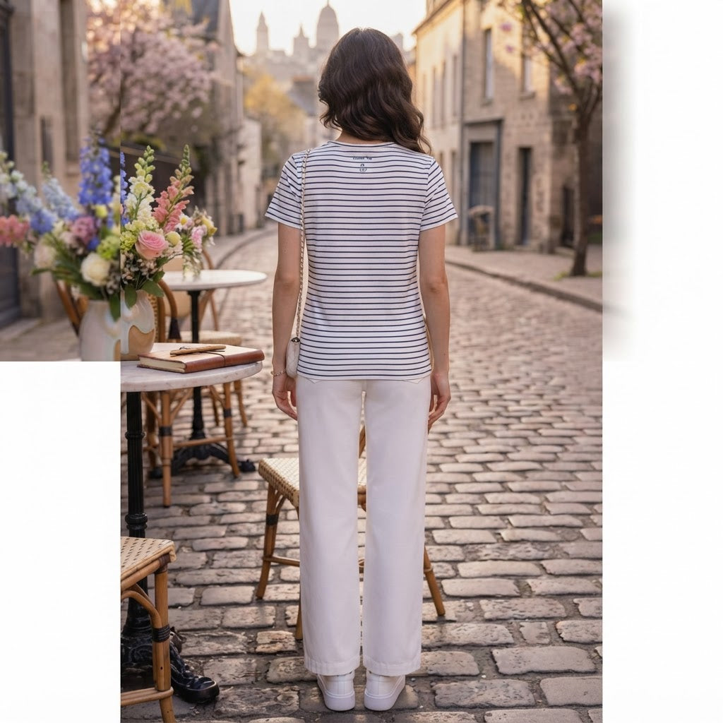 essentials White and Navy Striped Short-Sleeve Stretch T-Shi