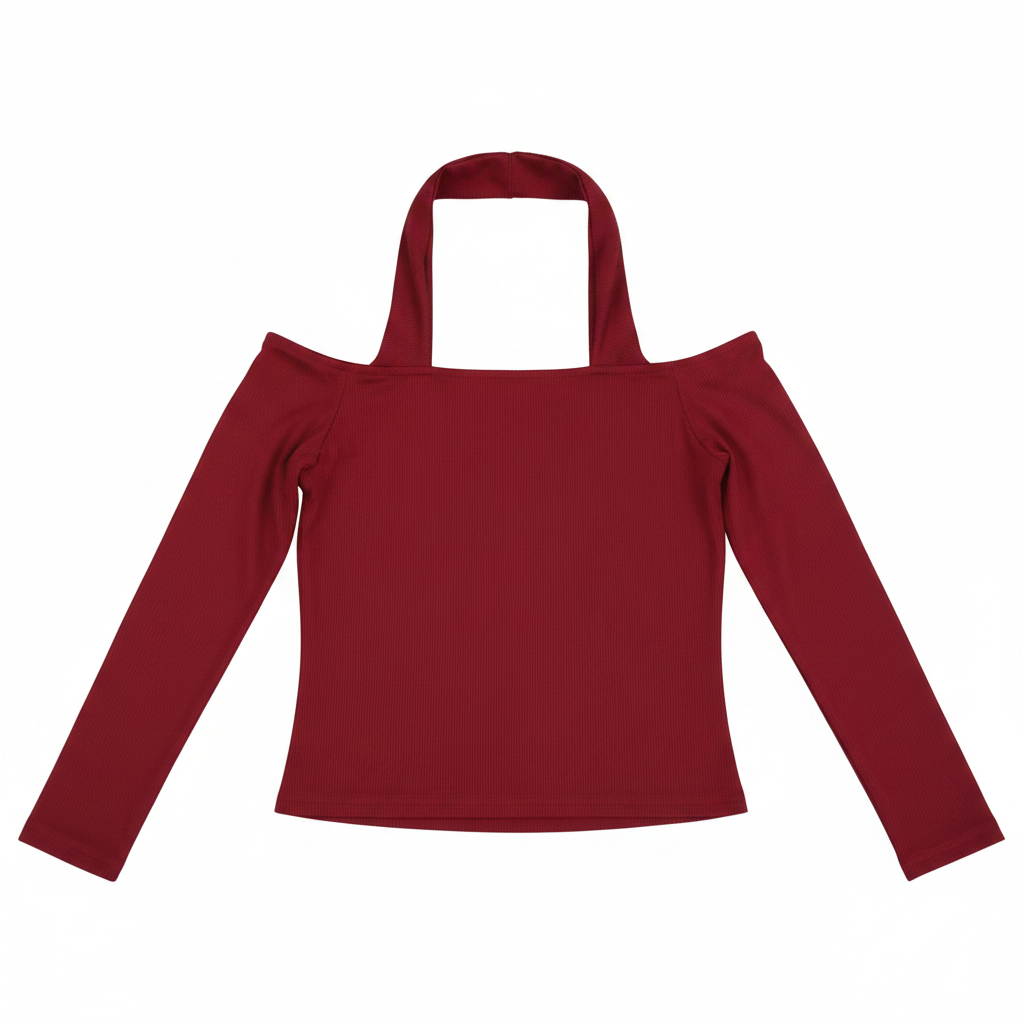 Red Ribbed Halter Neck Cold Shoulder Long Sleeve Top