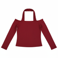Red Ribbed Halter Neck Cold Shoulder Long Sleeve Top