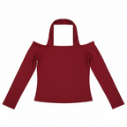 Red Ribbed Halter Neck Cold Shoulder Long Sleeve Top