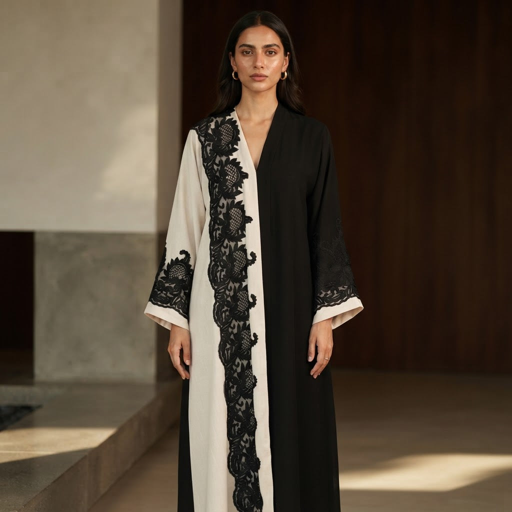 Black and Cream Lace Panel Long Tunic Kameez