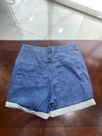 Mid-Wash Blue Denim High-Rise Shorts with Cuffed Hem