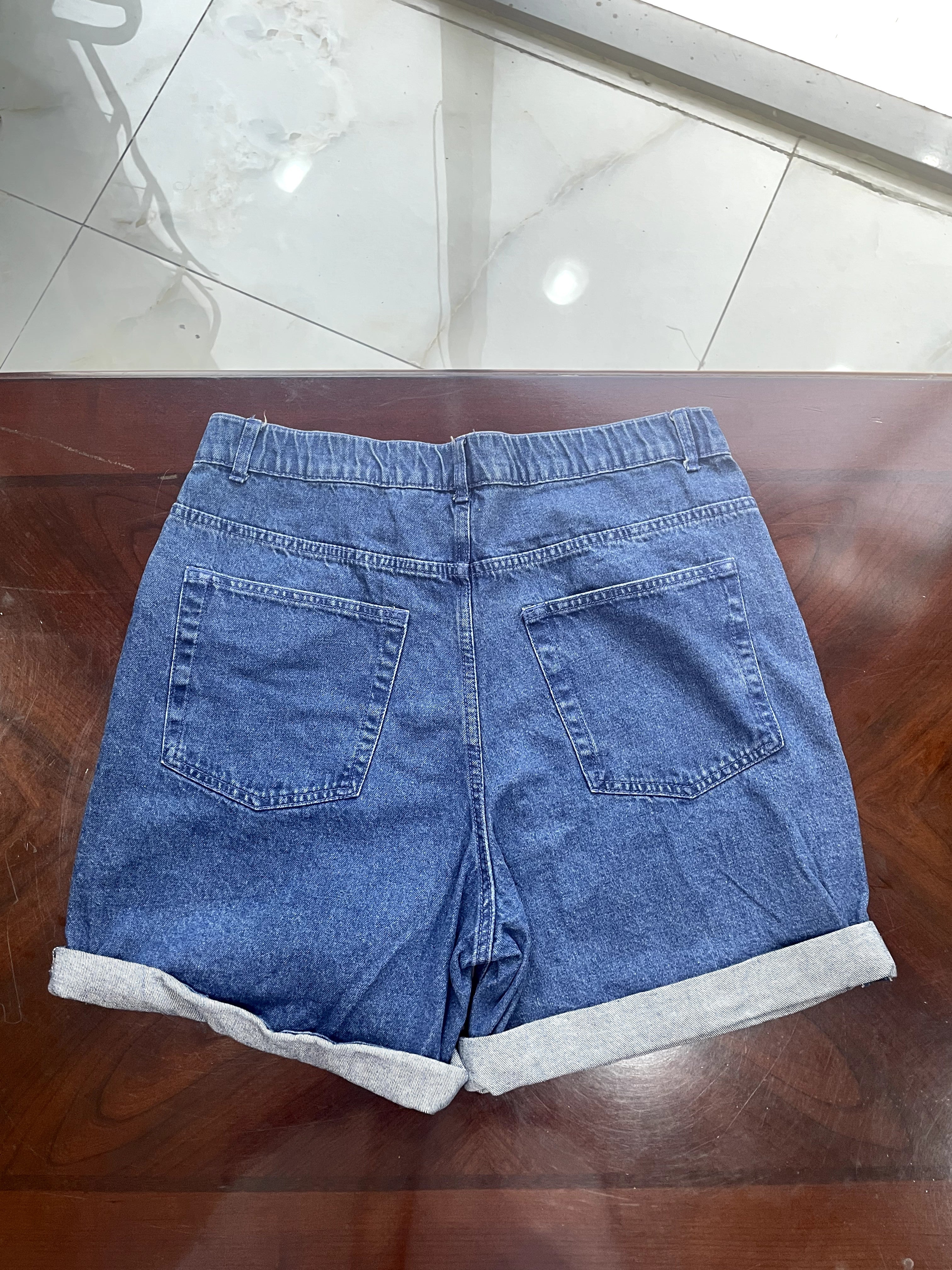 Mid-Wash Blue Denim High-Rise Shorts with Cuffed Hem