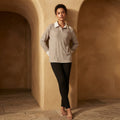 SHEIN Greige Ribbed Knit Pullover with Contrast White Collar