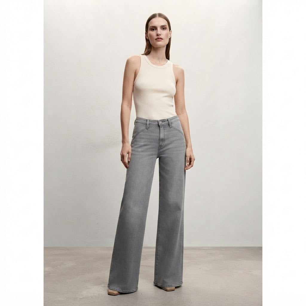 Mango Grey Wide-Leg Denim Jeans with Architectural Waistband