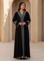 represent Black Traditional Thobe with White Geometric Woven