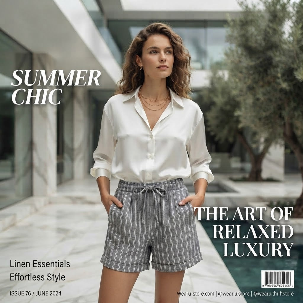 Dark Grey and White Striped Drawstring Linen Shorts
