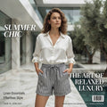 Dark Grey and White Striped Drawstring Linen Shorts