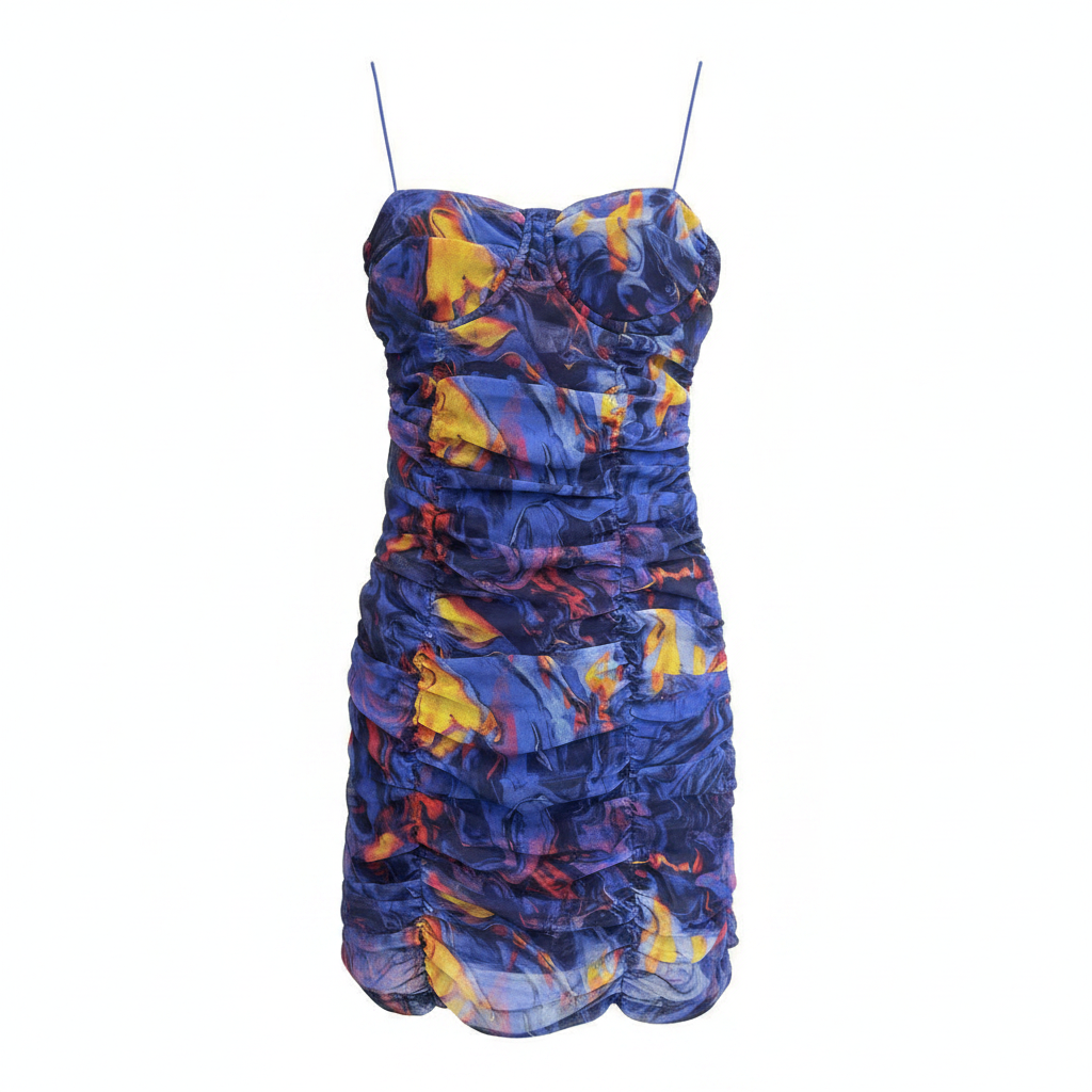 PrettyLittleThing Blue Abstract Print Mesh Ruched Mini Dress