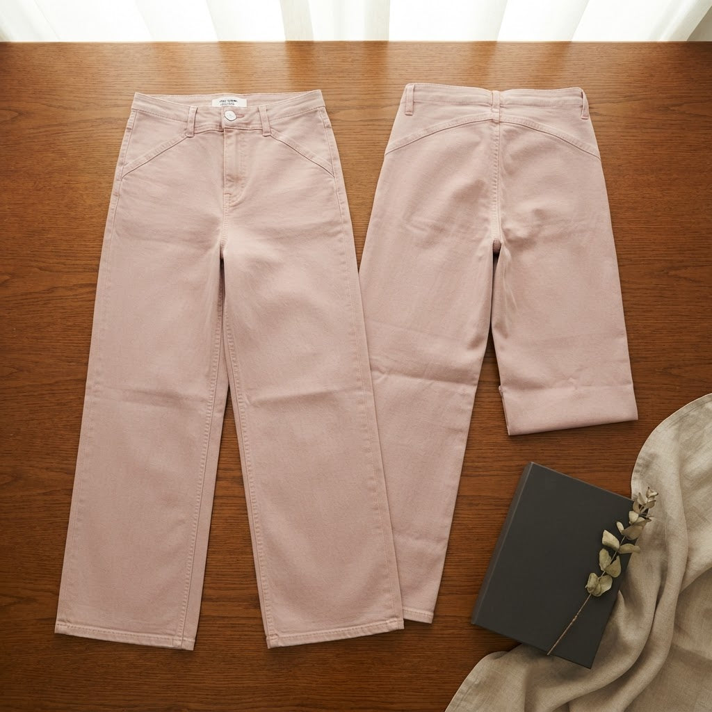 MANGO DENIM Dusty Blush Pink Wide Leg Denim Trousers with Cu