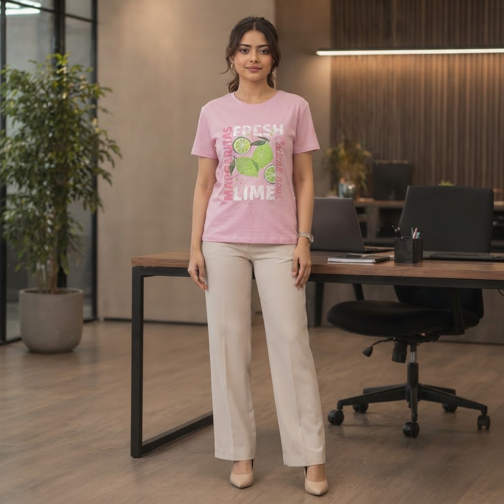 DECJUBA Baby Pink Graphic T-Shirt with Margarita Slogan
