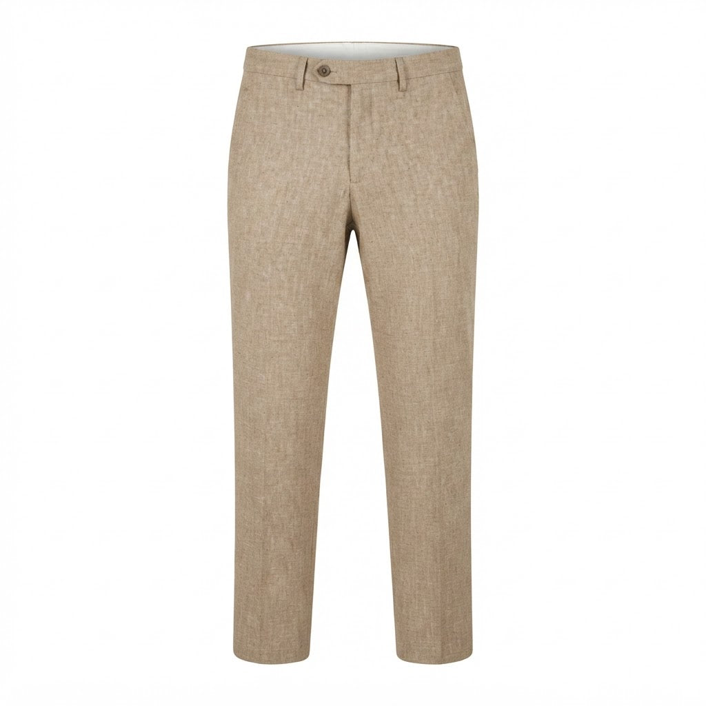 Men's Beige Textured Linen Blend Tailored Trousers