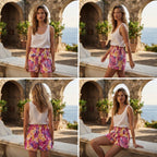 Vibrant Magenta and Orange Floral High-Waisted Shorts