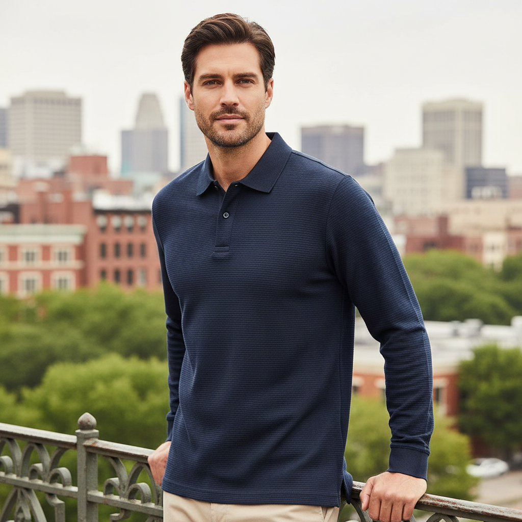 Livergy Men's Navy Blue Ribbed Long-Sleeve Polo Shirt