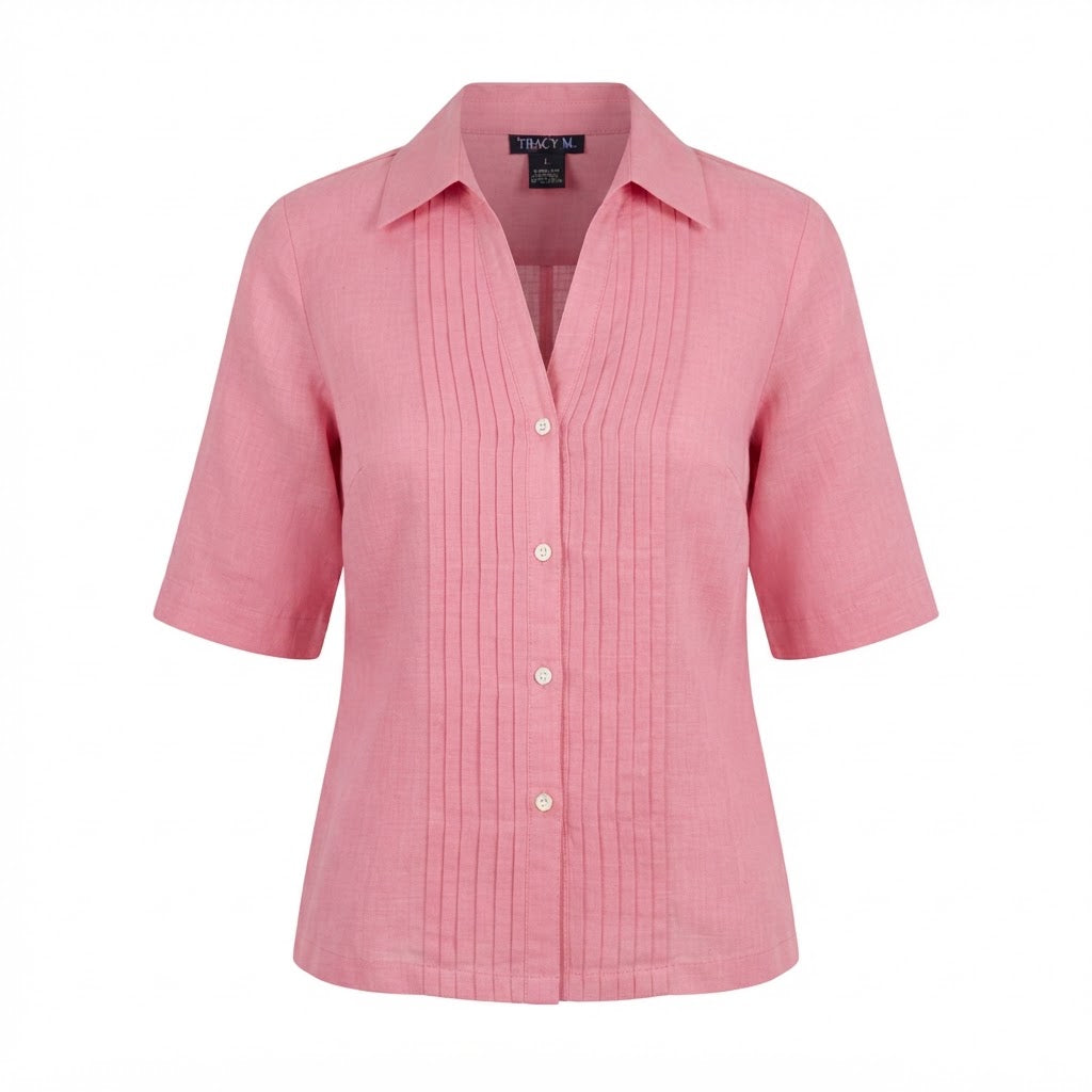 [WearU Generated:merch_ghost] Tracy M. Rose Pink Linen-Blend Pintuck Blouse – merch ghost