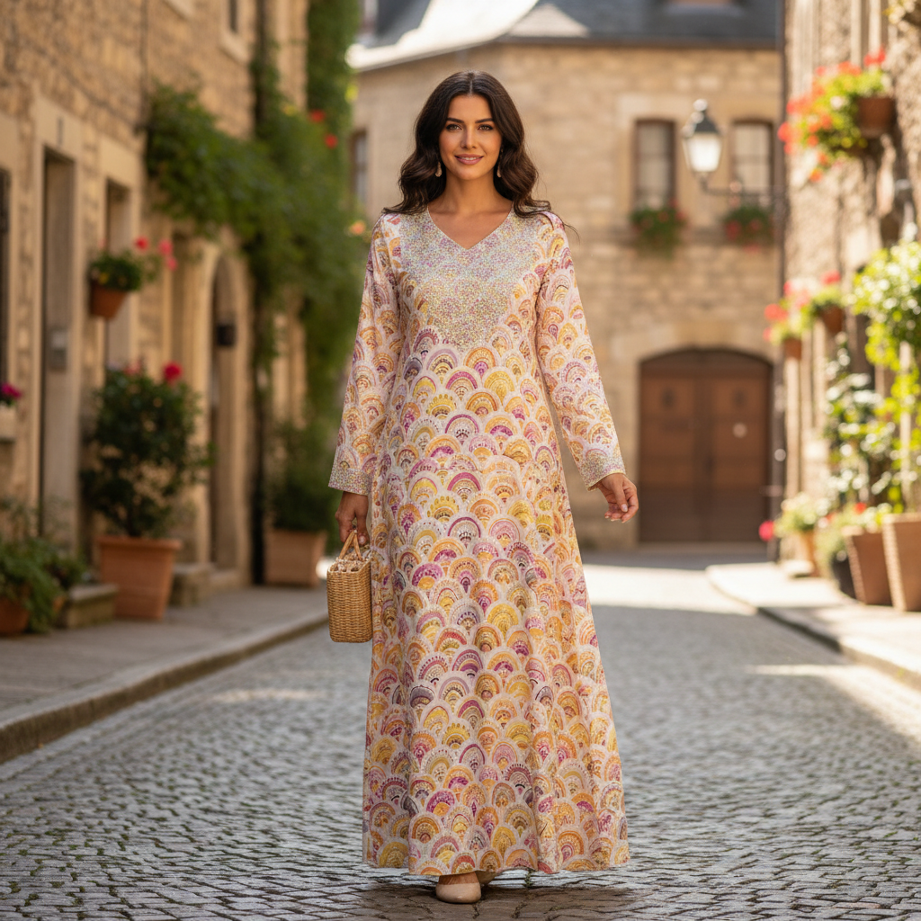 Women's Embellished Scallop Print Long Sleeve Kaftan Dress