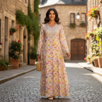 Women's Embellished Scallop Print Long Sleeve Kaftan Dress