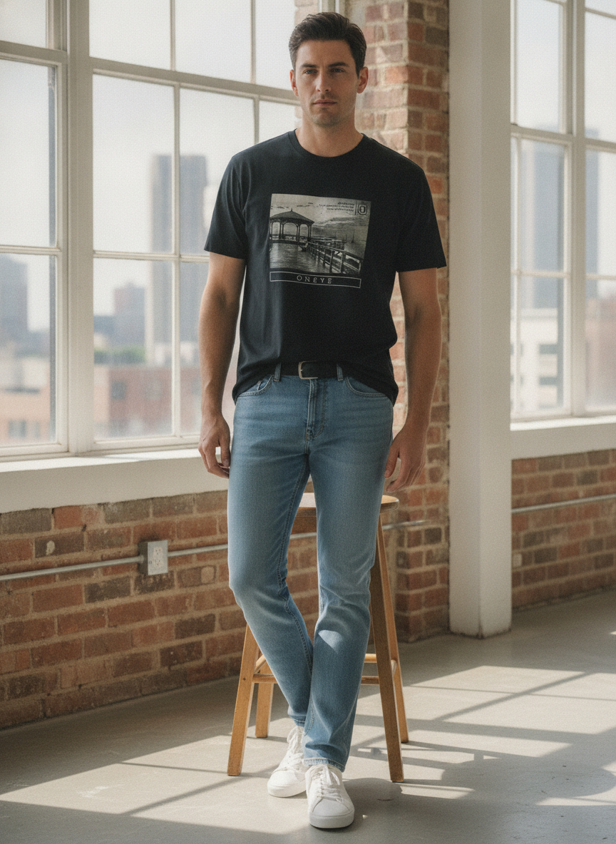 ONEYE Black ONEYE Graphic T-Shirt with Monochrome Pier Print