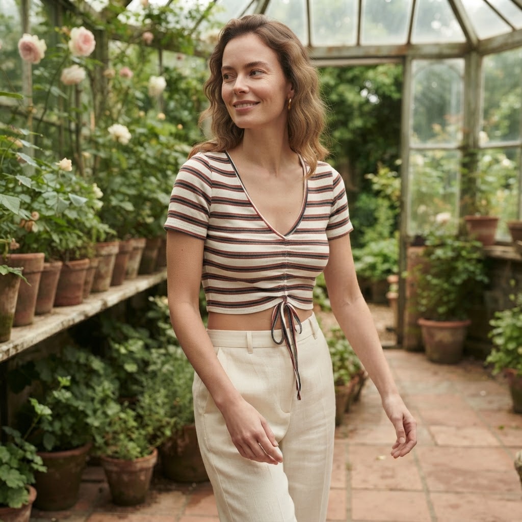 [WearU Generated:campaign_1] Zara Off-White Multi-Stripe Ribbed Knit Fitted Cropped Top – side view
