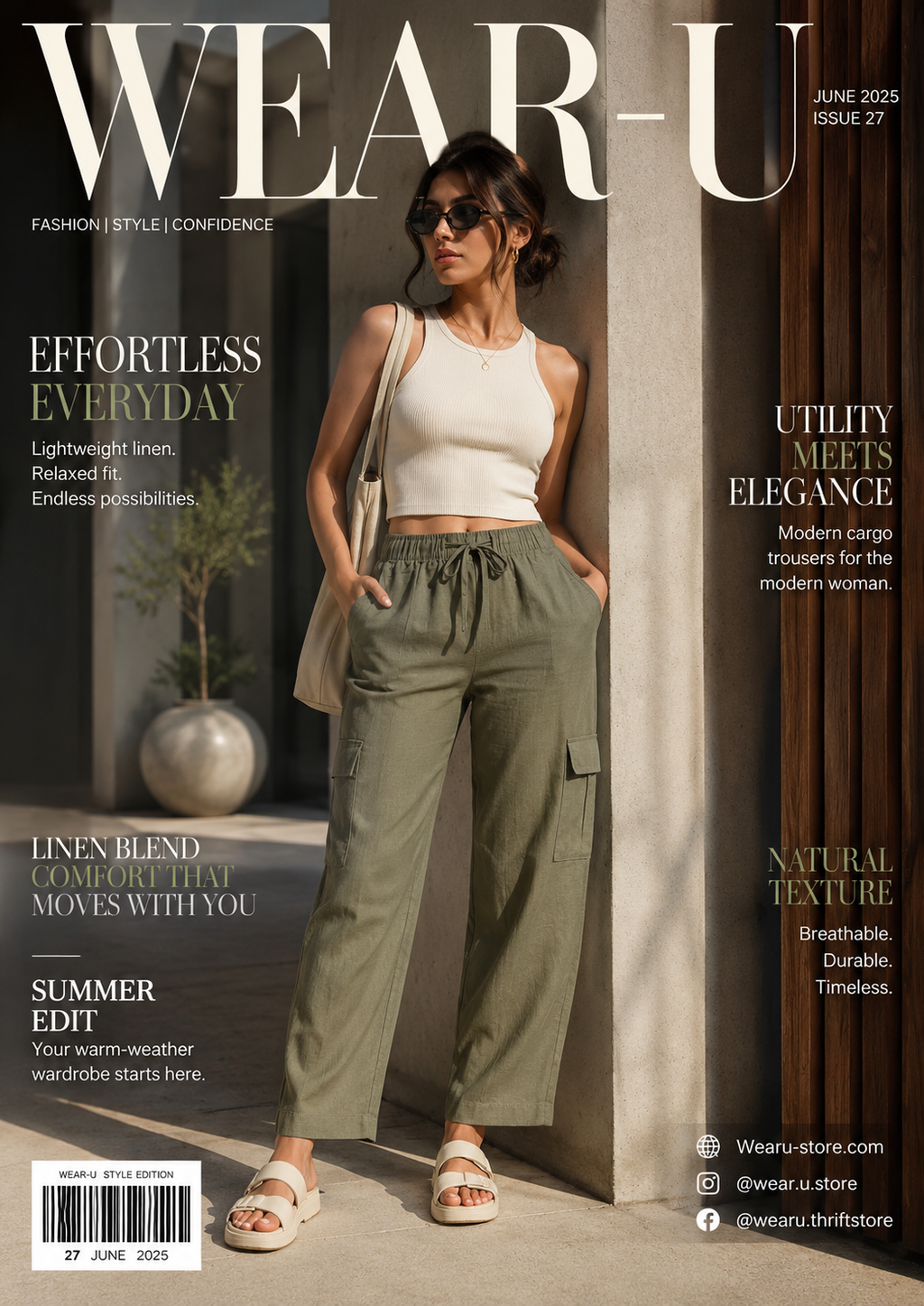 Women's Olive Green Linen Blend Cargo Trousers