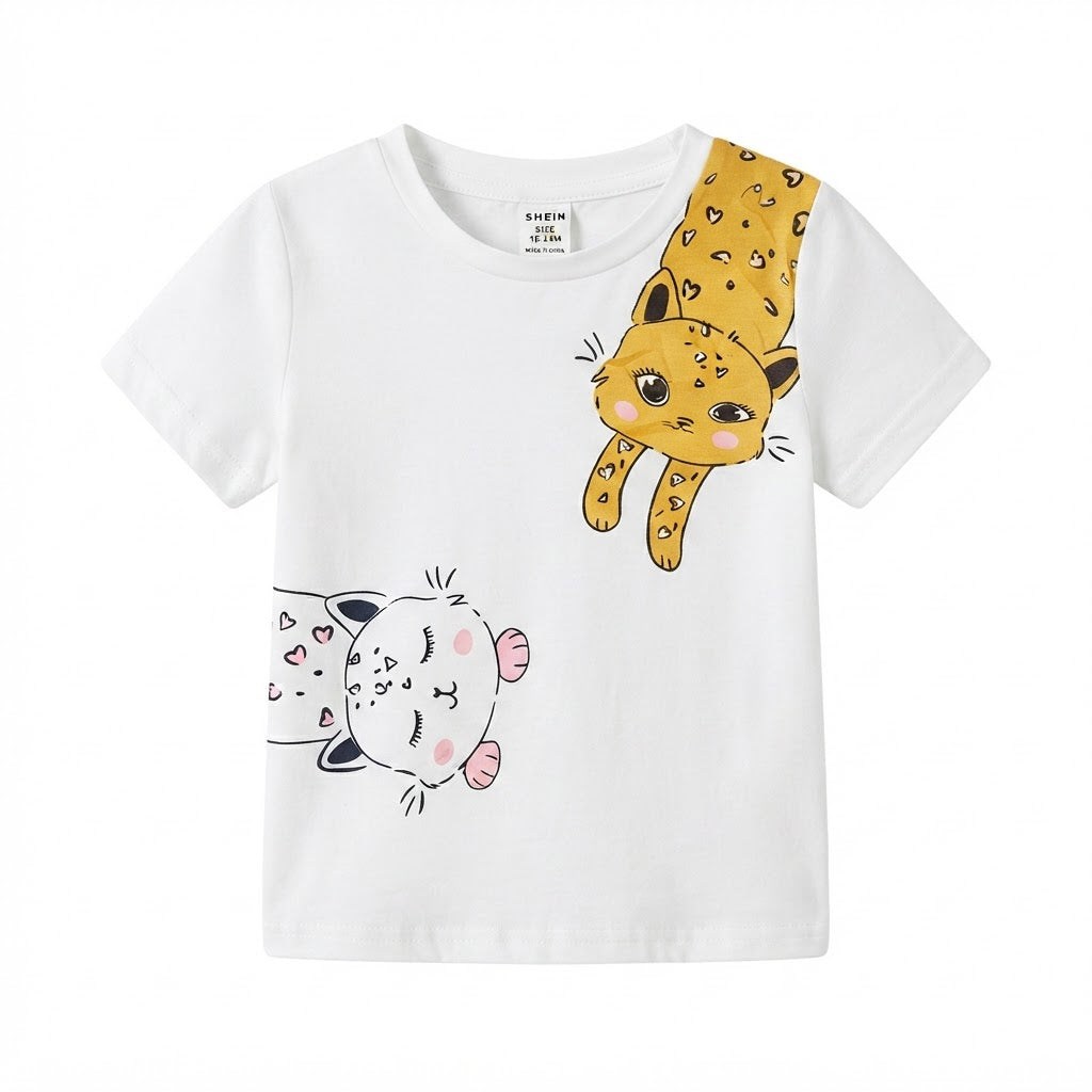 SHEIN White Short-Sleeve T-Shirt with Asymmetric Cat Graphic