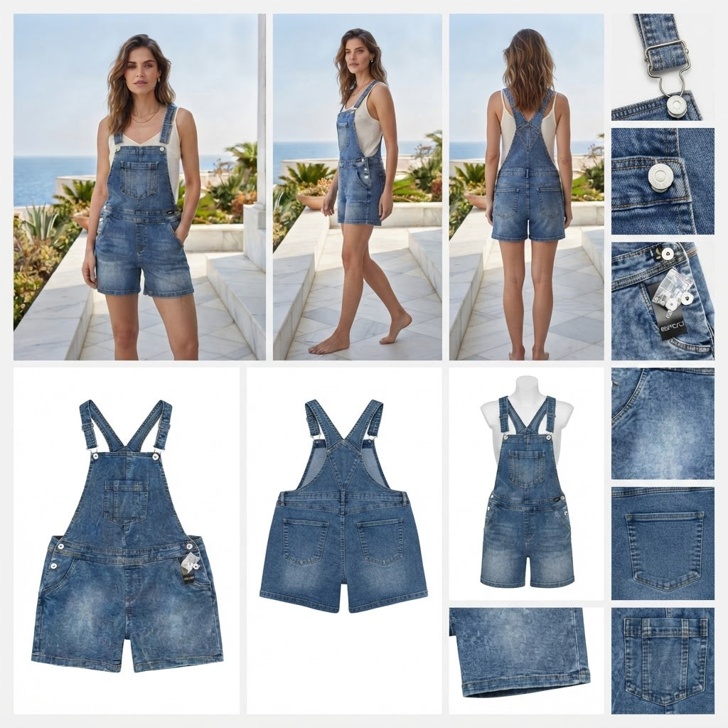 esmara Mid-Wash Blue Acid Wash Denim Short Overalls