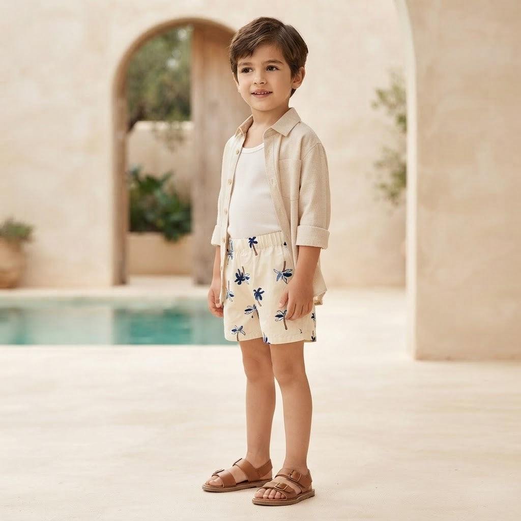 SHEIN Cream Palm Tree Embroidered Pull-On Kids' Shorts