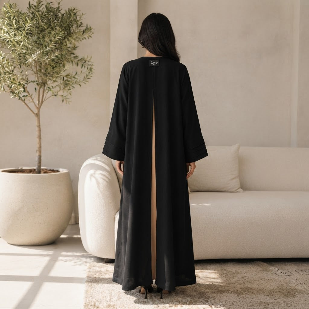 Cervo Black Open-Front Abaya with Structured Banded Cuffs