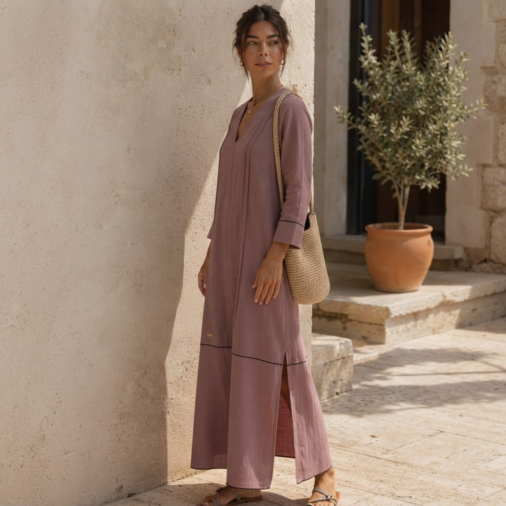 Strive Dusty Mauve Long Kurta with Scalloped Black Trimmed H