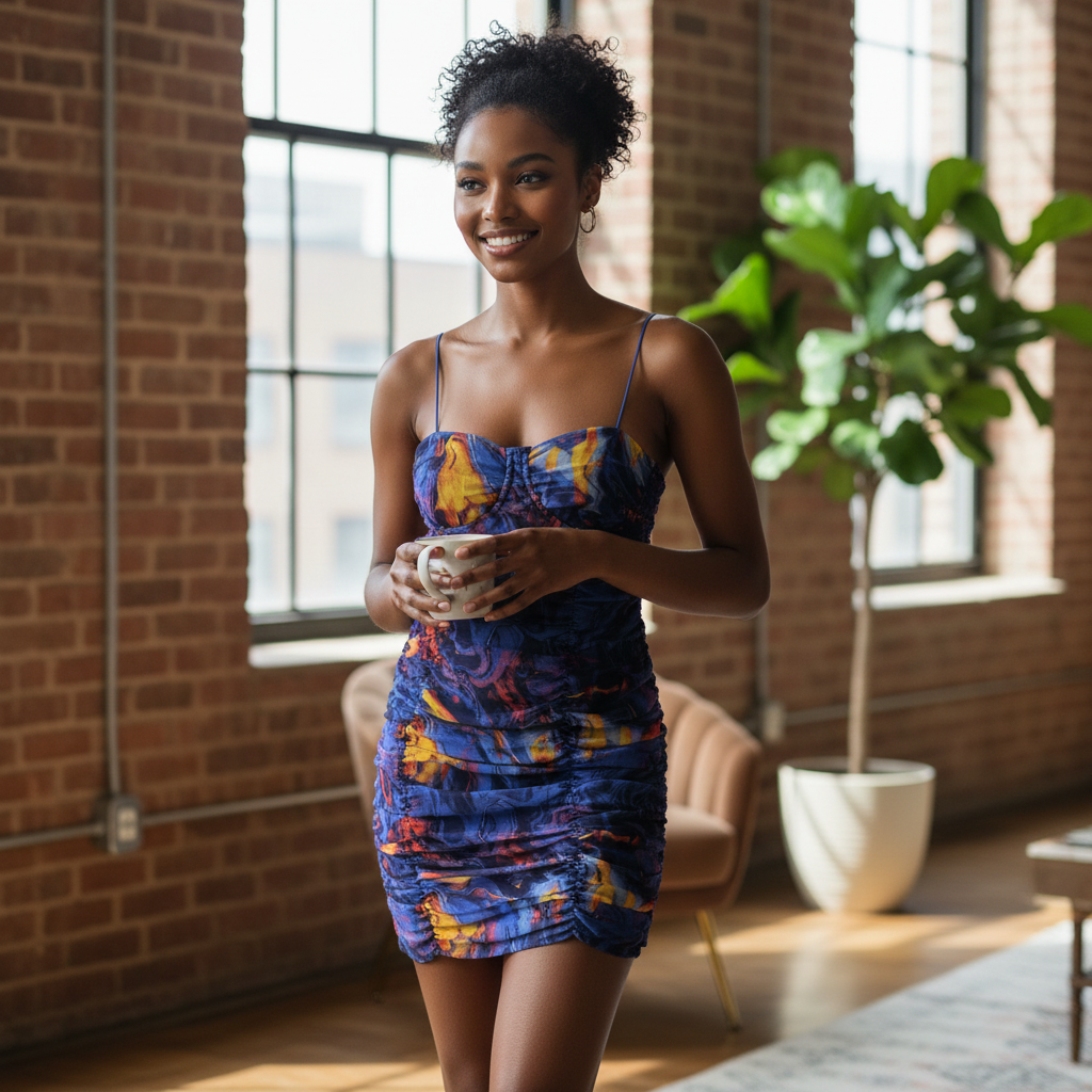 PrettyLittleThing Blue Abstract Print Mesh Ruched Mini Dress