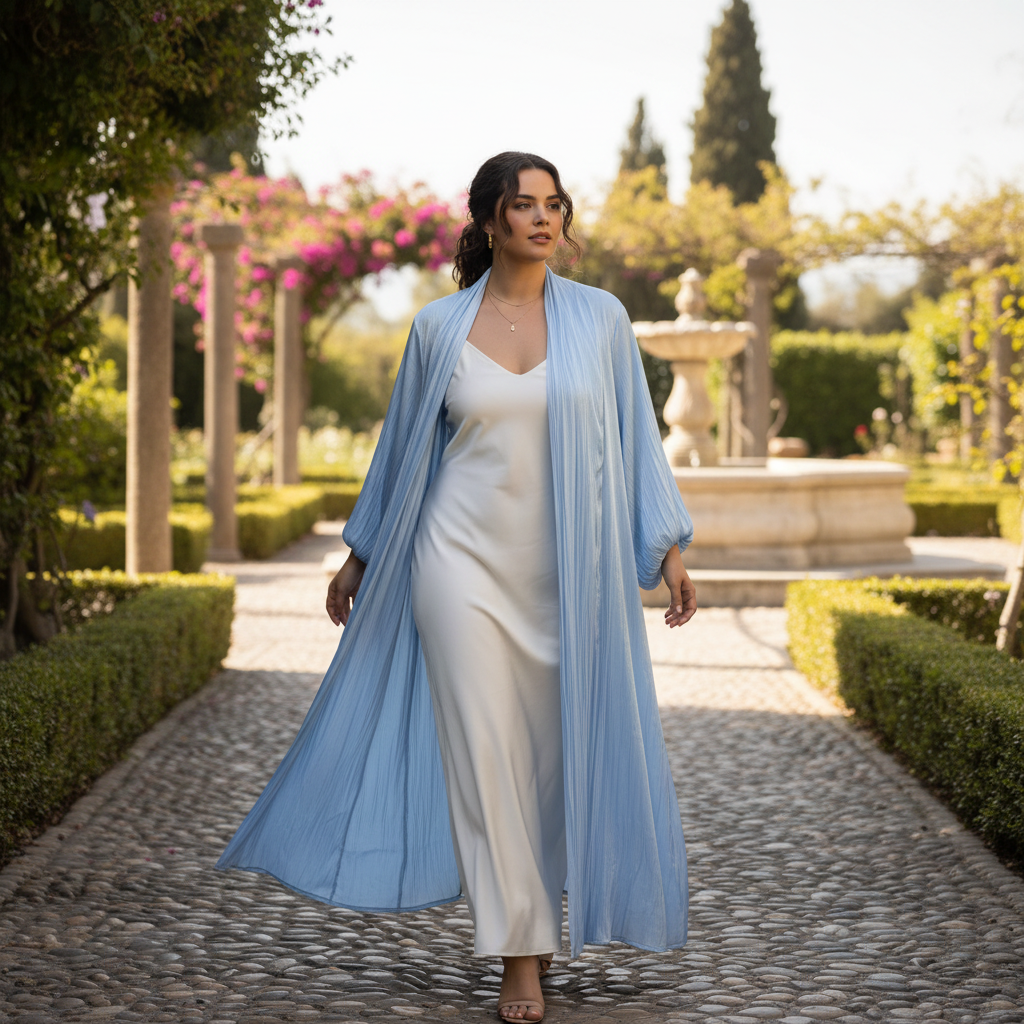 Tris BOUTIQUE Women's Light Blue Pleated Long Kimono Robe