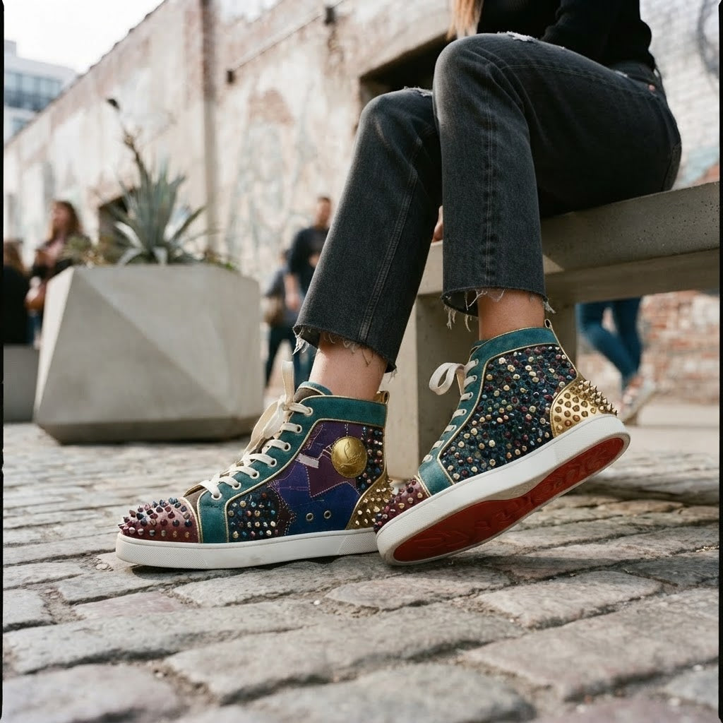 Christian Louboutin Luxury Studded Patchwork High-Top Sneake