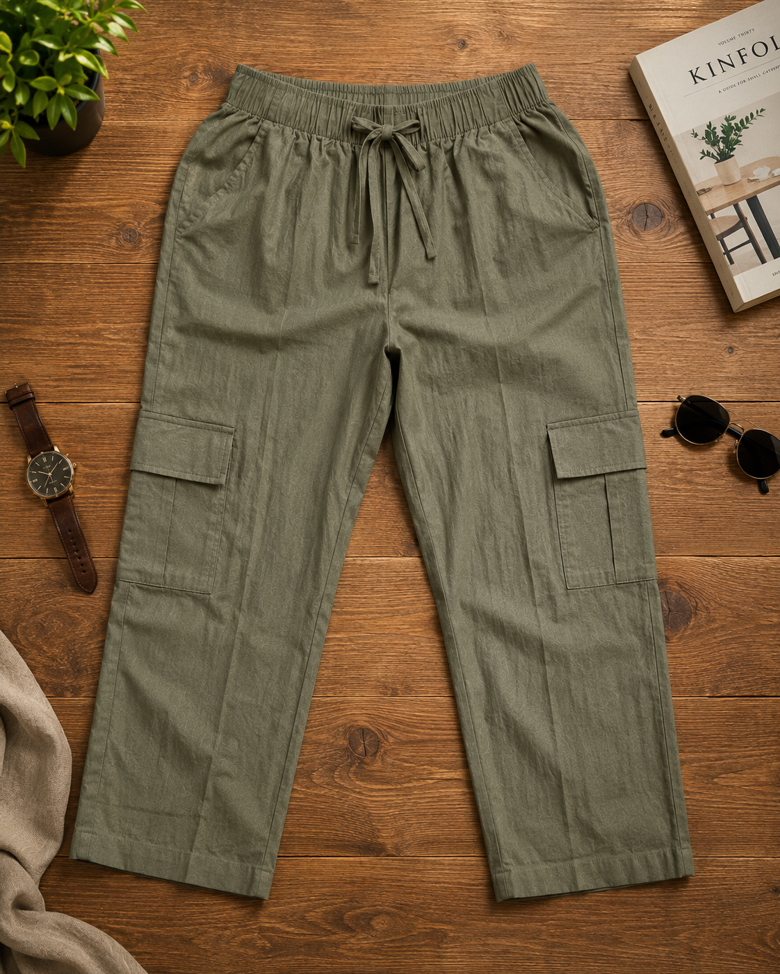 Women's Olive Green Linen Blend Cargo Trousers