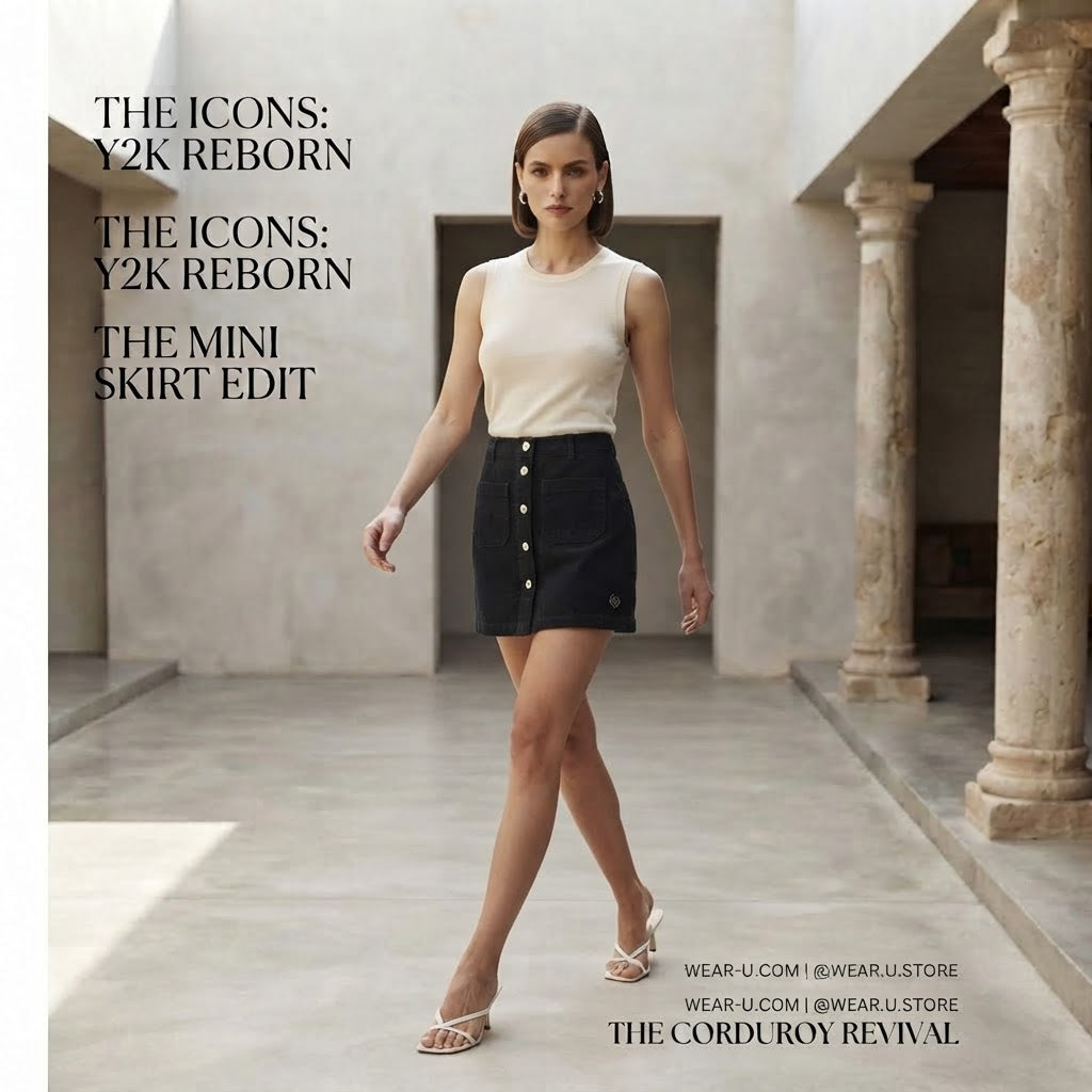 Black Button-Down Corduroy Mini Skirt with Patch Pockets