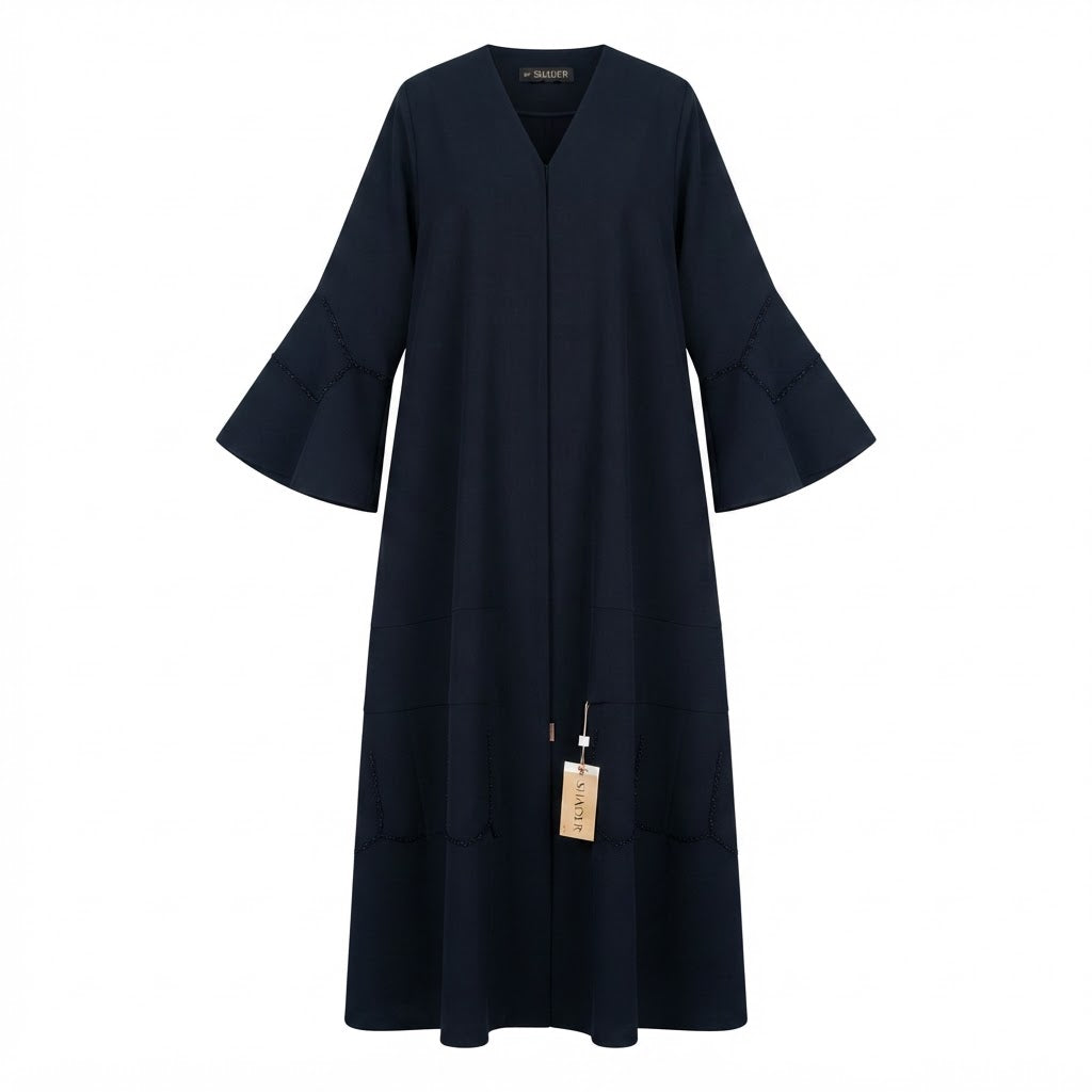 SHADER Deep Navy Black Crepe Abaya with Beaded Butterfly Cuf