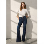 Bershka Dark Indigo Double-Button High-Rise Slim Flare Jeans