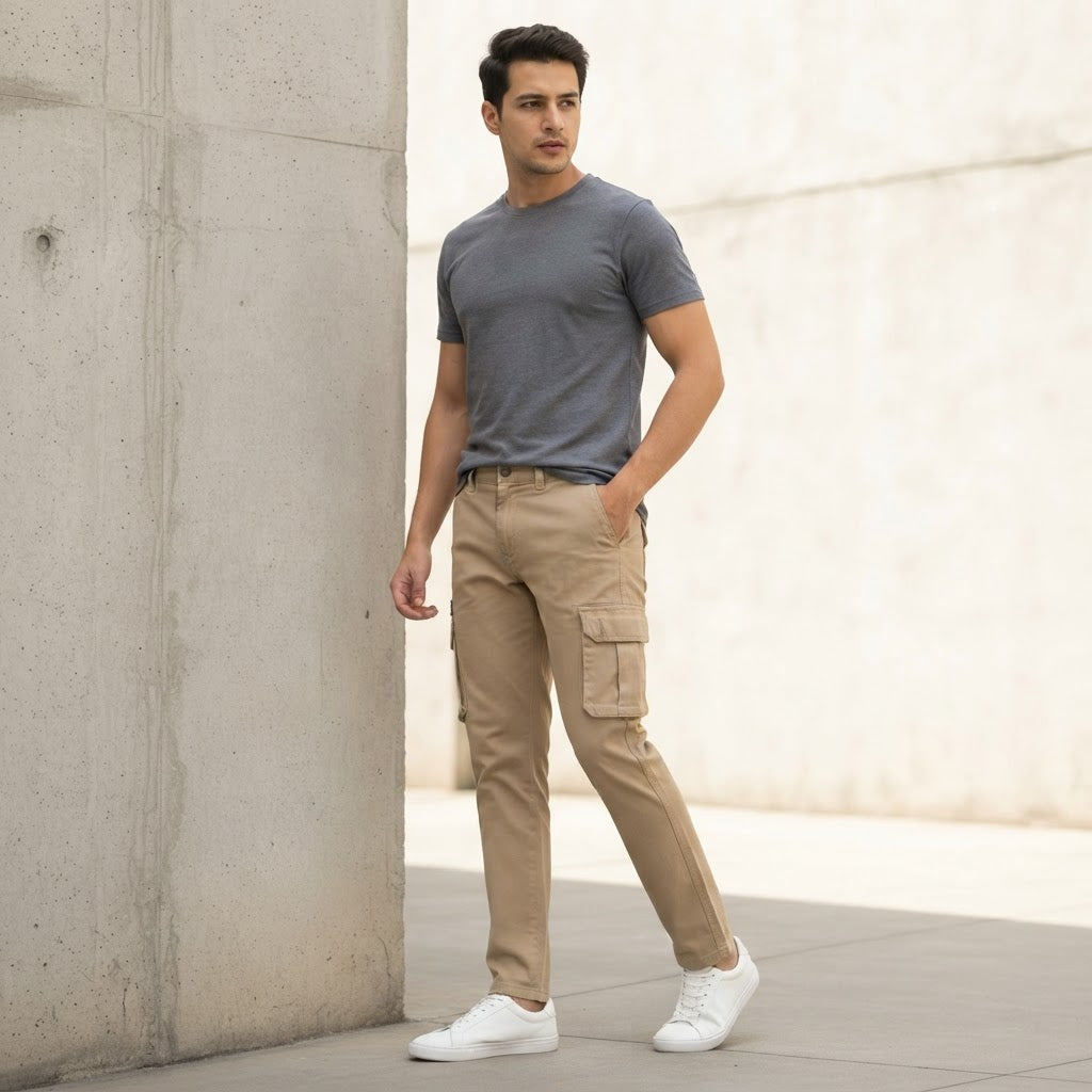 FINEROSE VIP Khaki Slim Fit Multi-Pocket Cargo Trousers