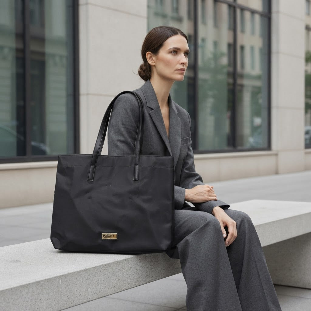 VERSACE parfums Large Black Nylon Shoulder Tote with Gold Pl