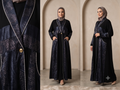 Women's Black & black Metallic Jacquard Open Abaya