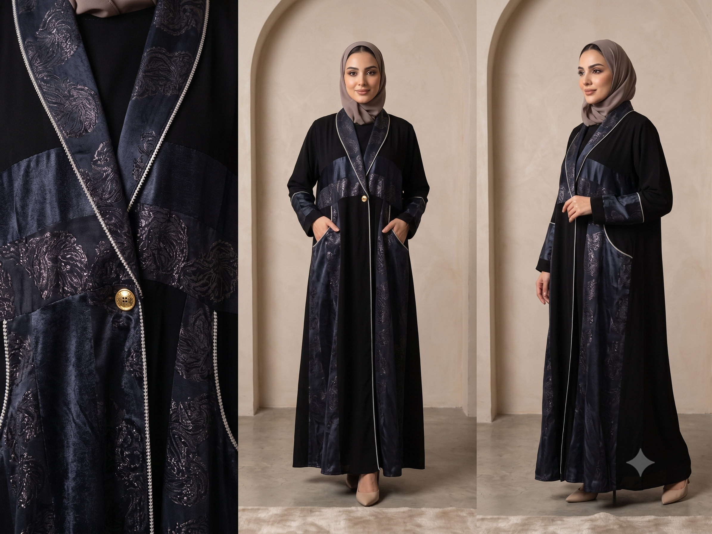 Women's Black & black Metallic Jacquard Open Abaya