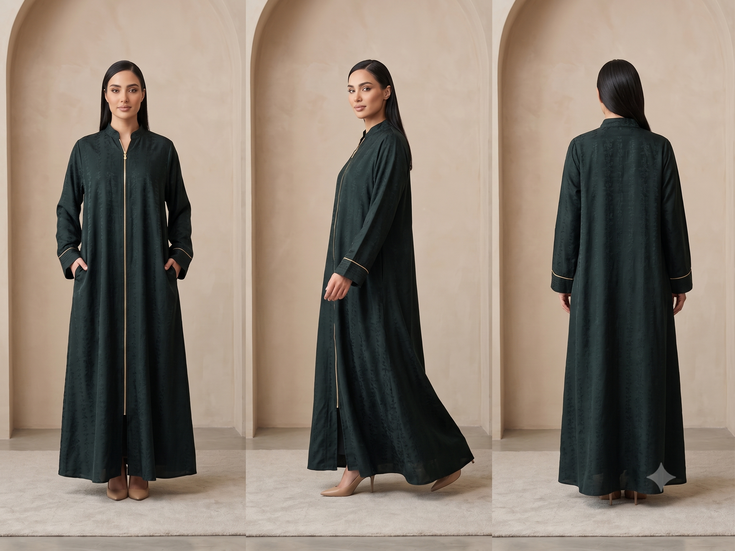 Women's Dark Green Jacquard Zip-Front Long Abaya